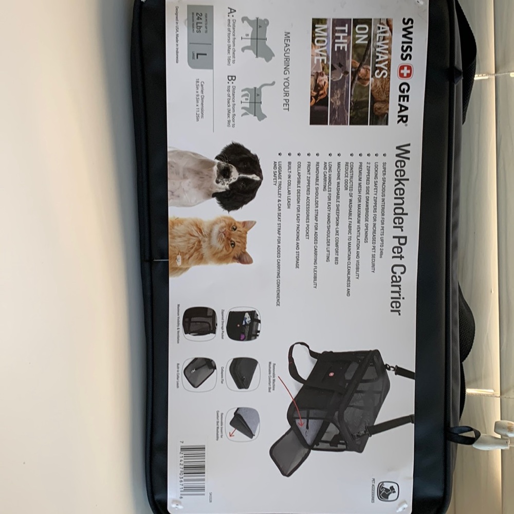 Pet carrier for up to 24 pounds. Carrier dimensions 18.5 x 9.5in x 11.25in